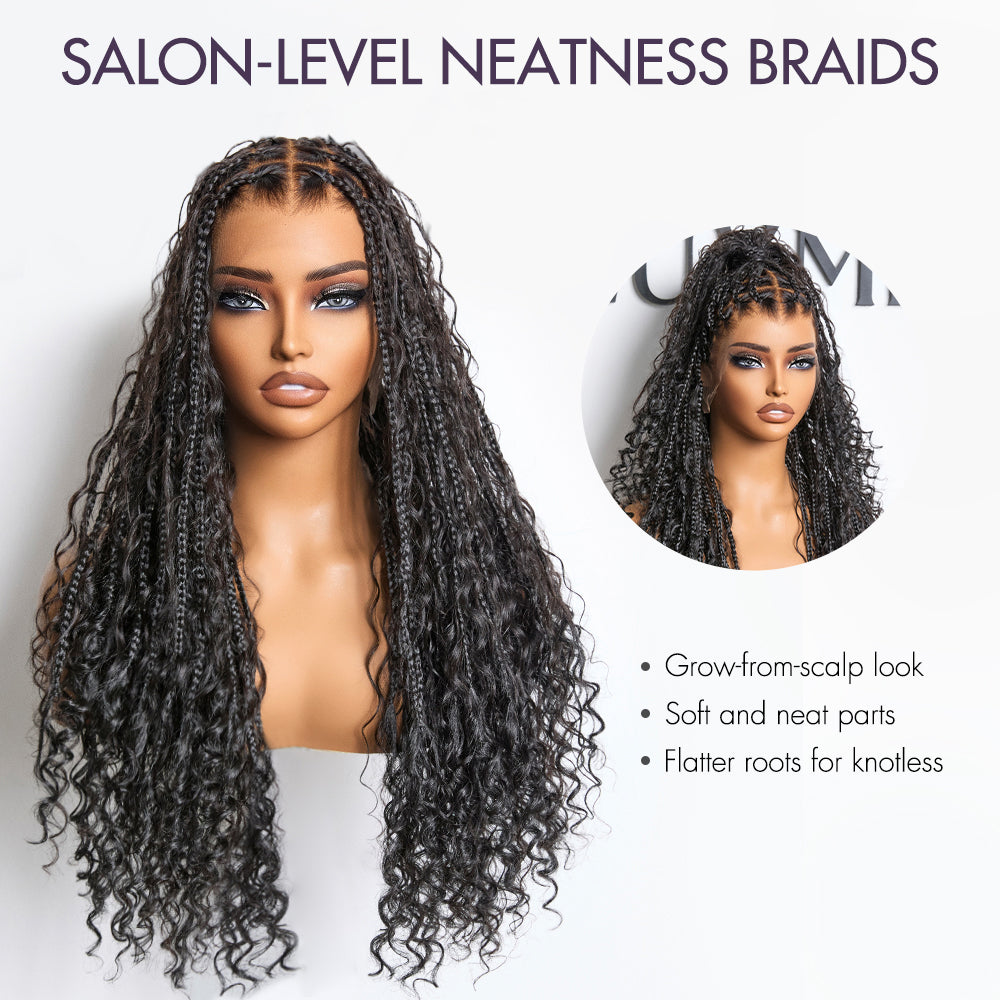 Outlet| Flexi-Fit Invisi Drawstring Cap Full Lace Knotless Boho Curls Braided Long Wig Super Natural Scalp
