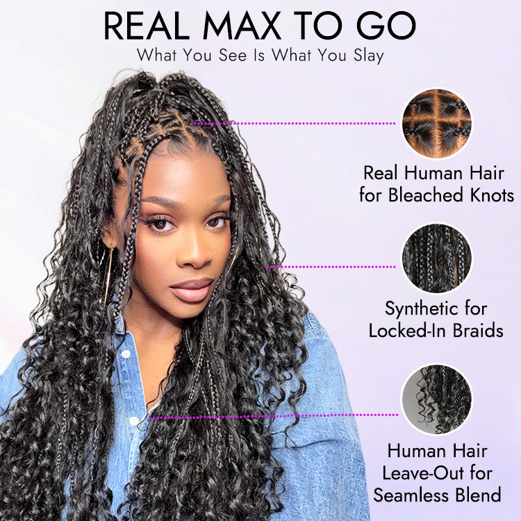 Outlet| Flexi-Fit Invisi Drawstring Cap Full Lace Knotless Boho Curls Braided Long Wig Super Natural Scalp