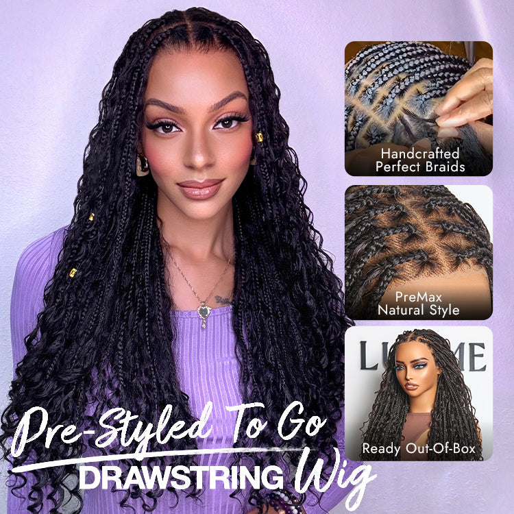 Outlet| Flexi-Fit Invisi Drawstring Cap Full Lace Knotless Boho Curls Braided Long Wig Super Natural Scalp