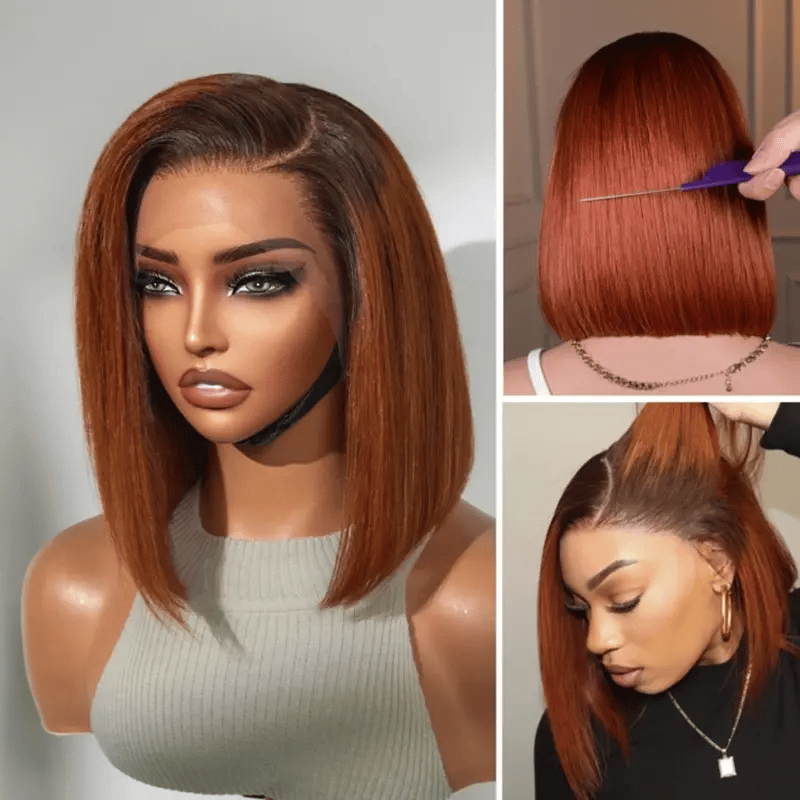 PreMax Wigs | Natural Black / Brown Highlight / Ginger Ombre Super Natural Hairline Silky Blunt Cut Glueless 13x4 Frontal Lace Human Hair Short Bob Wig