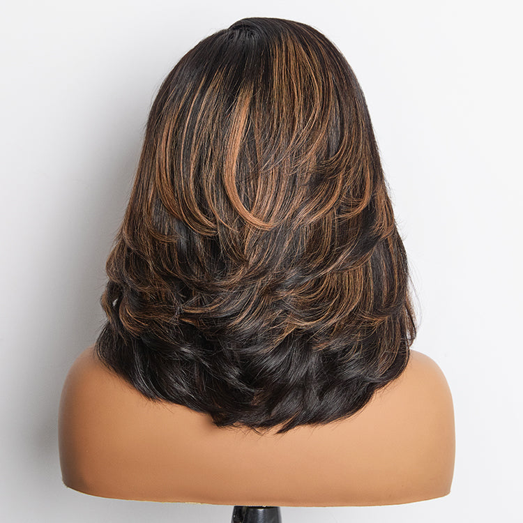Brown Highlight Layered Haircut Wavy Glueless Minimalist HD Lace Wig Pre-Cut Lace