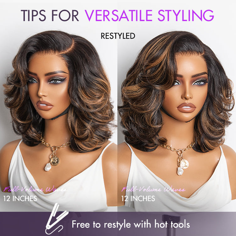 Brown Highlight Layered Haircut Wavy Glueless Minimalist HD Lace Wig Pre-Cut Lace