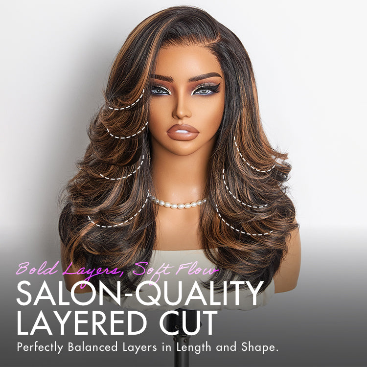 Brown Highlight Layered Haircut Wavy Glueless Minimalist HD Lace Wig Pre-Cut Lace