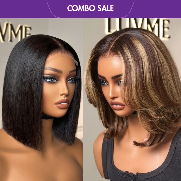 2 For 1 | Blonde Highlight Short Layered Bob Wig Glueless 5x5 Closure Pre-Cut Lace Wig+Glueless 4x4 Closure Lace Natural Black Bob Wig