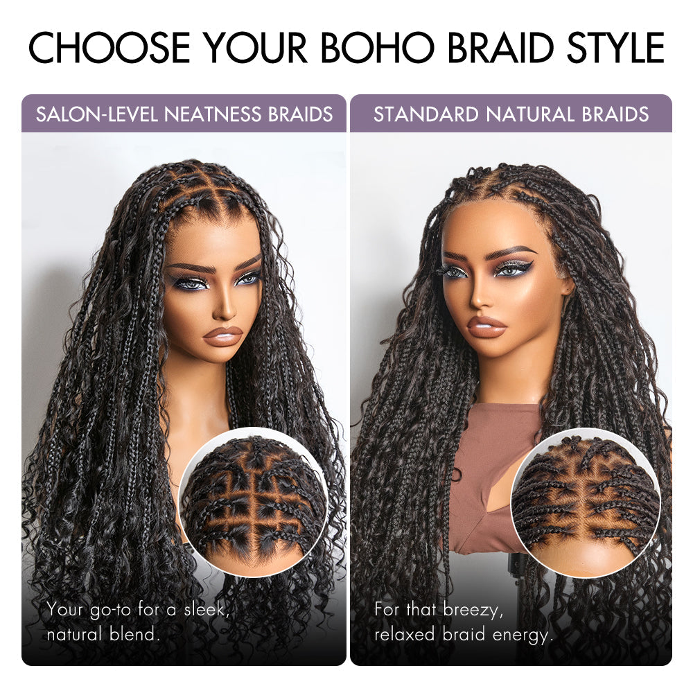 Outlet| Flexi-Fit Invisi Drawstring Cap Full Lace Knotless Boho Curls Braided Long Wig Super Natural Scalp