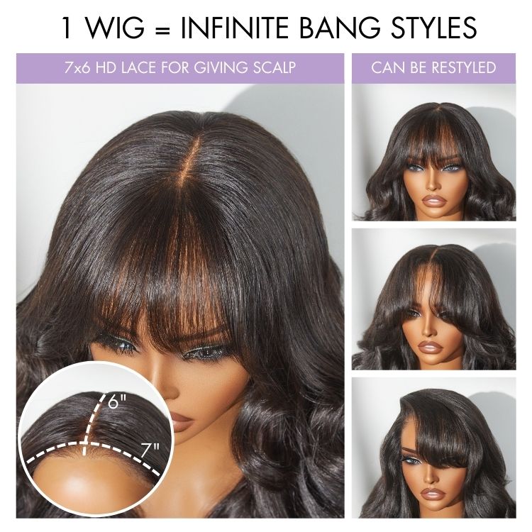 special I SouthKiss All-Day Comfort™ Wig 180% Density Loose Body Wave Glueless 7x6 Closure HD Lace Human Hair Wig with Bangs Pre-Cut Lace