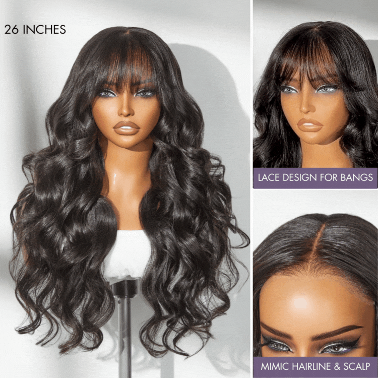 SouthKiss All-Day Comfort™ Wig 180% Density Loose Body Wave Glueless 7x6 Closure HD Lace Human Hair Wig with Bangs Pre-Cut Lace