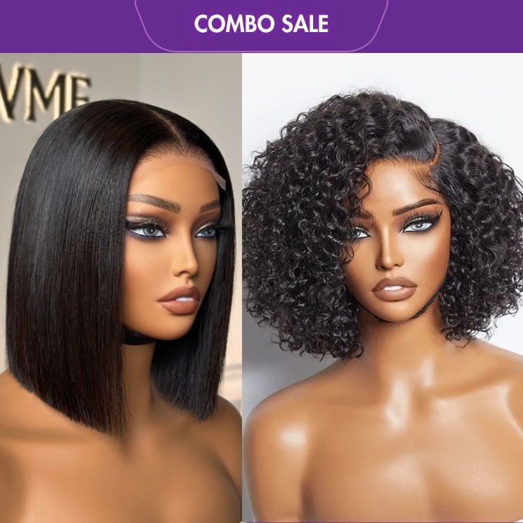 2 For 1 | Glueless 4x4 Closure Lace Natural Black Bob Wig + Trendy Short Cut Curly Glueless HD Lace Wig