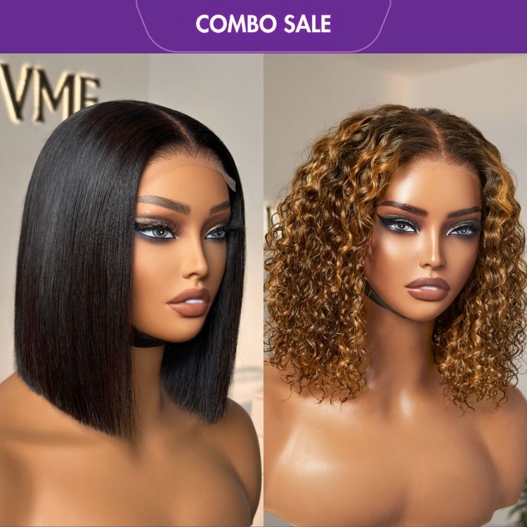 2 For 1 |  4x4 Lace Blunt Cut Bob Wig Bone Straight + Ombre Brown Highlight Deep Curly Glueless 5x5 Closure Lace Wig