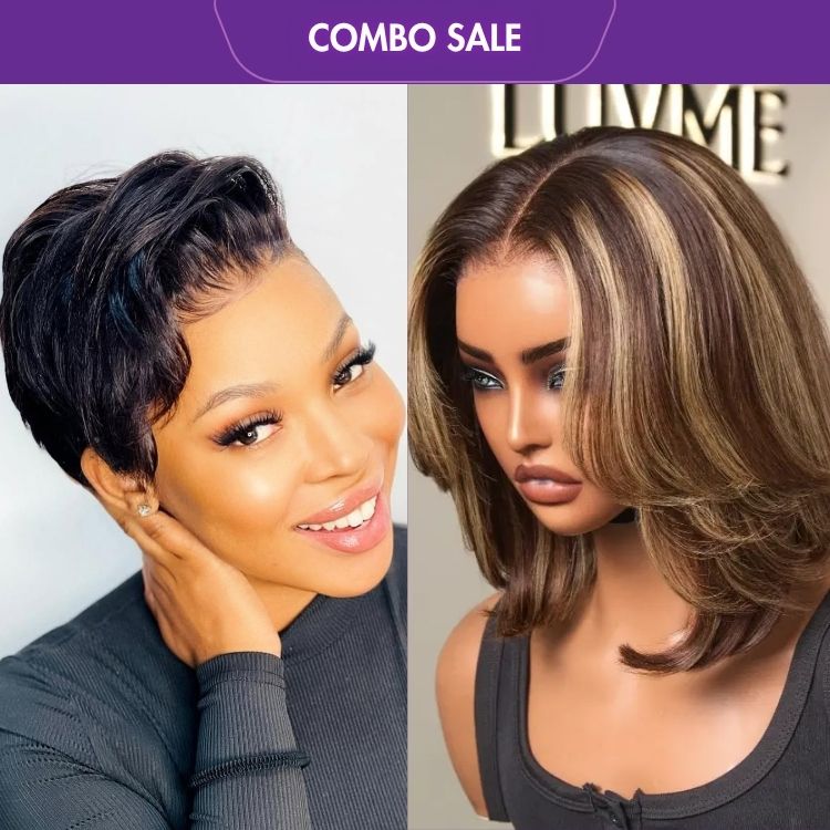 2 For 1 |  Super Hot Pixie Cut Glueless HD Lace Wig + Blonde Highlight Short Layered Bob Wig Glueless 5x5 Closure Pre-Cut Lace Wig