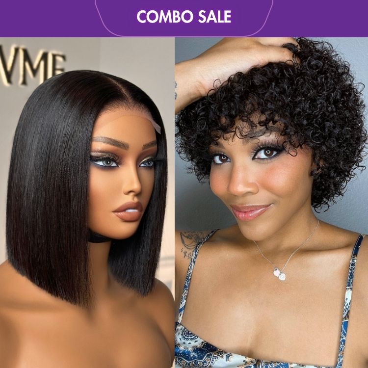 2 For 1 | Ultra Natural Lightweight Bouncy Glueless Wig With Bangs + 4x4 Lace Blunt Cut Bob Wig Bone Straight