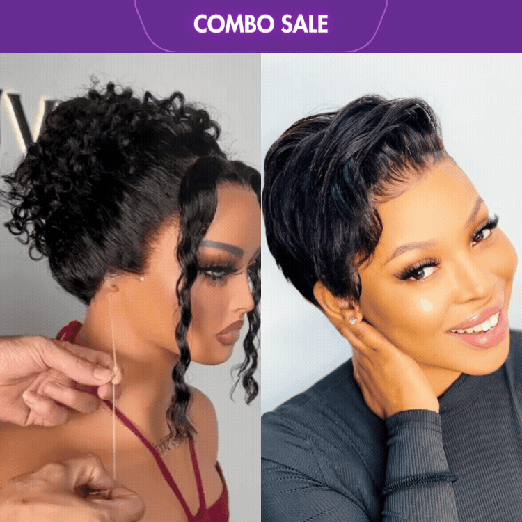 2 For 1 |  Super Hot Pixie Cut Glueless HD Lace Wig + Glueless 360 Lace Super Natural Hairline Water Wave Free Part Wig