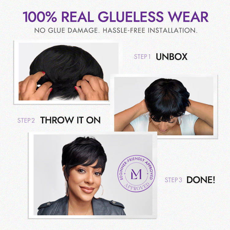 [mrsmo_official]'s Special Link Throw On & Go Short Cut with Bangs Wig Ultra Comfort Cotton Cap Glueless Wig Hair Loss Friendly