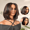 Worth | Brown Highlight Silky Short Bob Wig Layered Cut Human Hair Glueless 5x5 Closure Pre-Cut Lace Wig