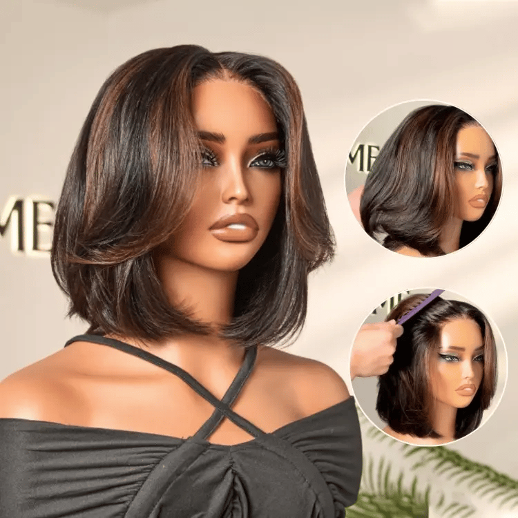 Worth | Brown Highlight Silky Short Bob Wig Layered Cut Human Hair Glueless 5x5 Closure Pre-Cut Lace Wig