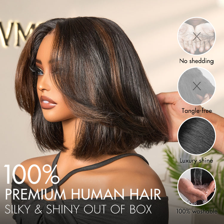 Worth | Brown Highlight Silky Short Bob Wig Layered Cut Human Hair Glueless 5x5 Closure Pre-Cut Lace Wig