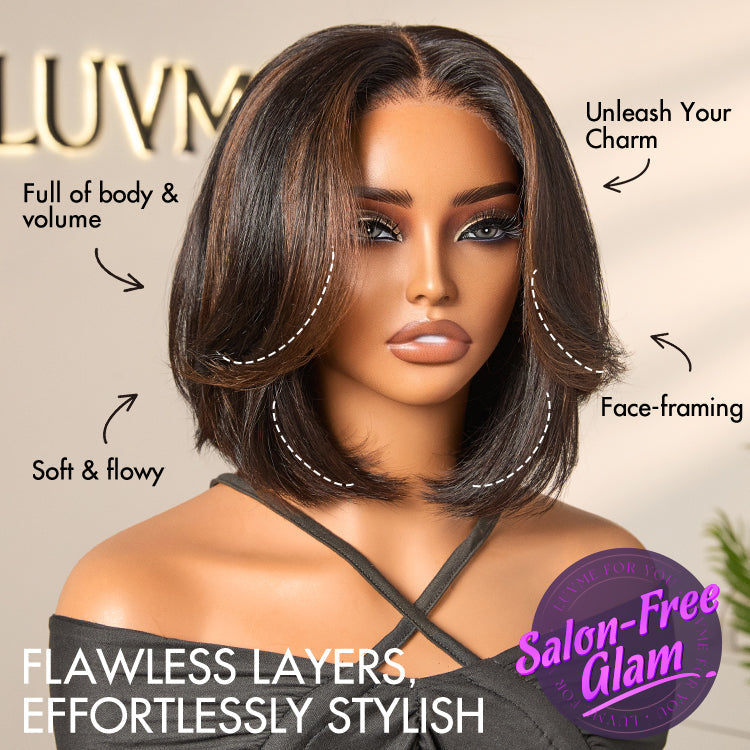 Worth | Brown Highlight Silky Short Bob Wig Layered Cut Human Hair Glueless 5x5 Closure Pre-Cut Lace Wig