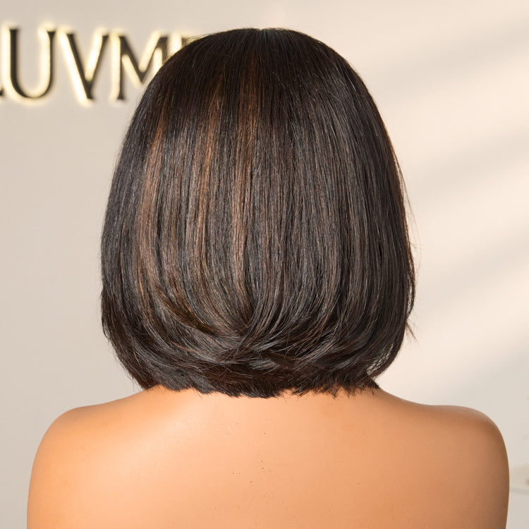 Worth | Brown Highlight Silky Short Bob Wig Layered Cut Human Hair Glueless 5x5 Closure Pre-Cut Lace Wig