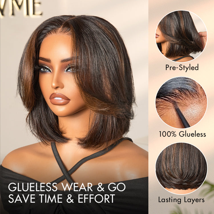 Worth | Brown Highlight Silky Short Bob Wig Layered Cut Human Hair Glueless 5x5 Closure Pre-Cut Lace Wig
