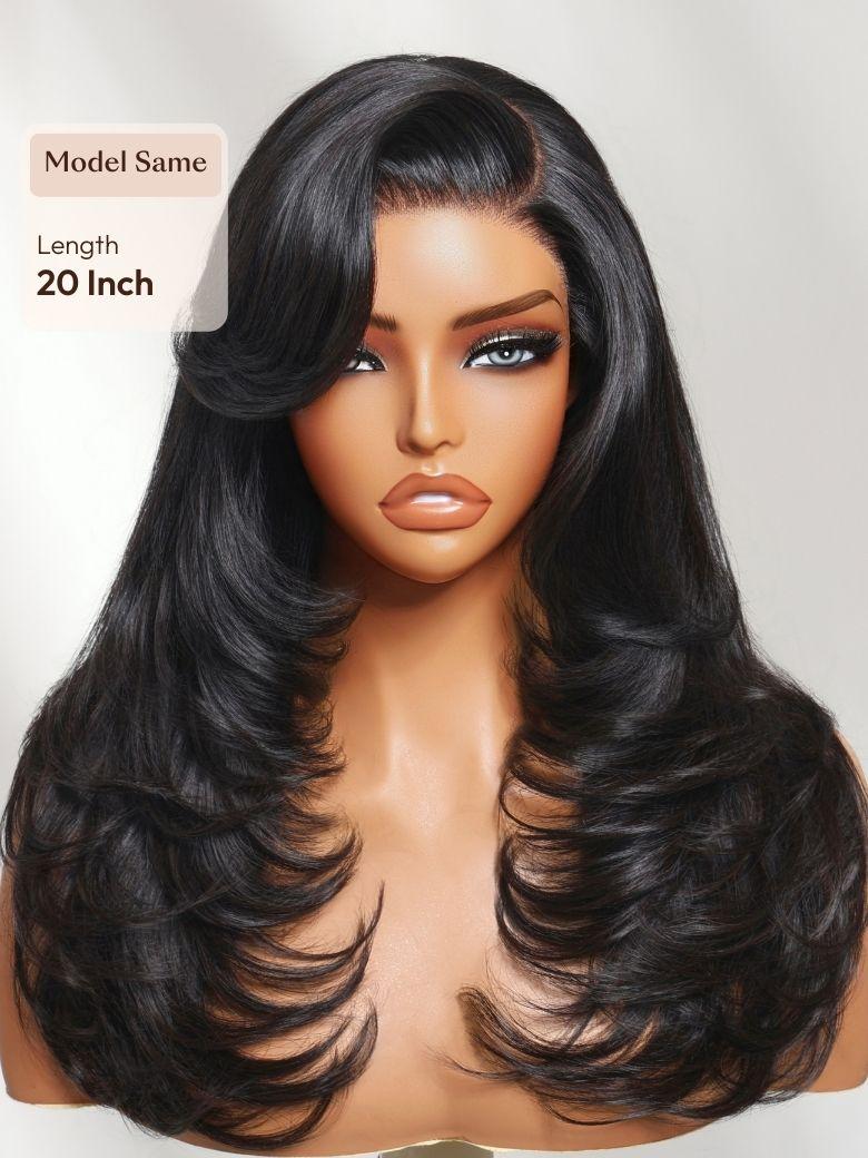 A model displays the UNice 200% Density 7x5 Bye Bye Slip Lace Feathered Blowout Wig with Face-Framing, showing a wig with long hair and bangs and 7x5, lace finish.