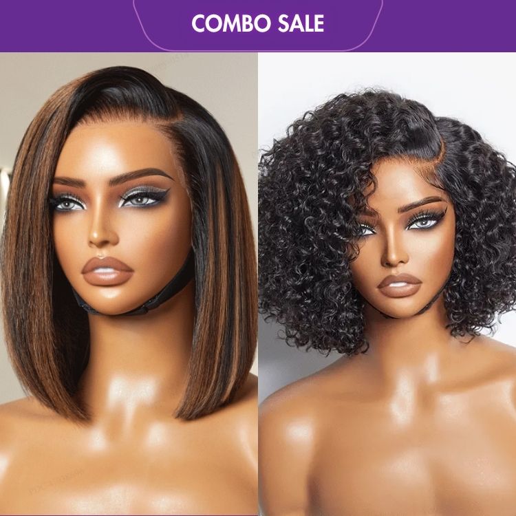 2 For 1 | Brown Highlight Silky Blunt Cut Bob 13*4 Glueless Lace Wig + Trendy Short Cut Curly Glueless HD Lace Wig