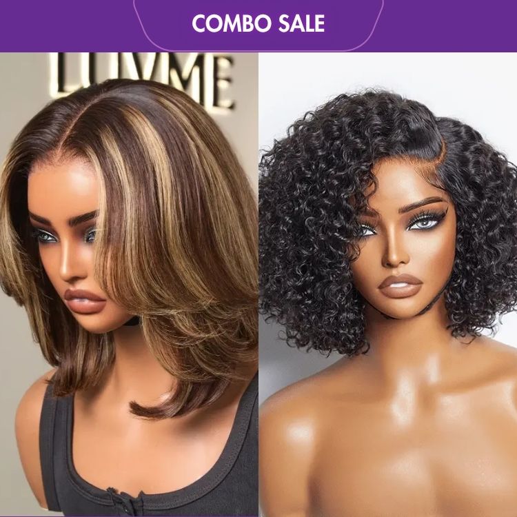2 For 1 | Blonde Highlight Short Layered Bob Wig Glueless 5x5 Closure Pre-Cut Lace Wig + Trendy Short Cut Curly Glueless HD Lace Wig