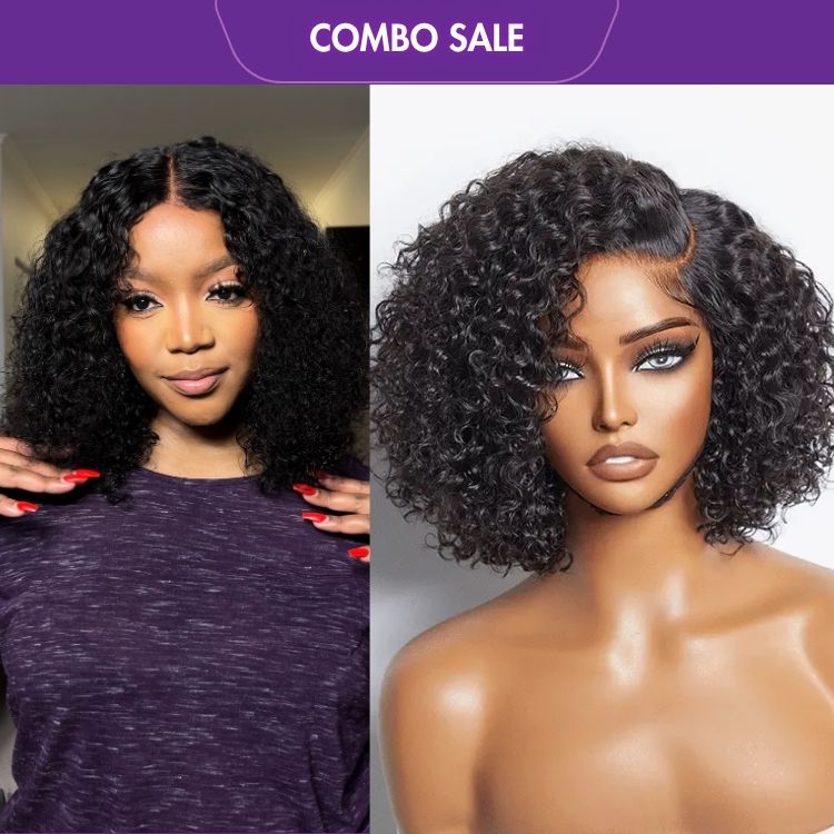 2 For 1 | Highlight Brown Deep Wave 4x4 Closure Lace Wig + Trendy Short Cut Curly Glueless HD Lace Wig