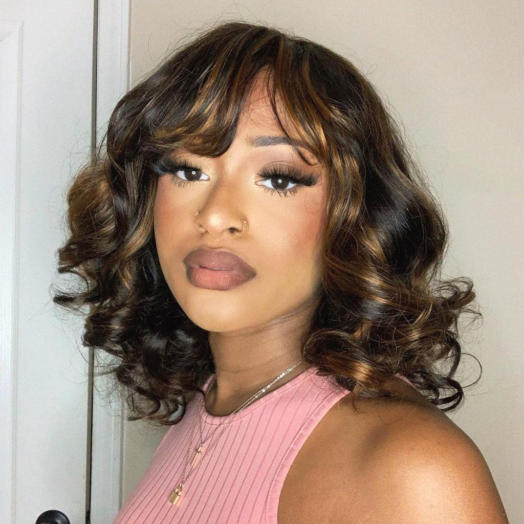 Worth | Throw On & Go Glueless Brown Highlights Wavy No Lace Wig with Bangs