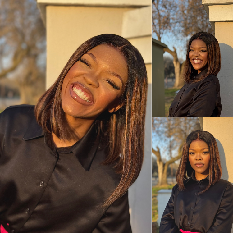 [Amzie_m]'s Special Link-PreMax Wigs | Brown Highlight Silky Blunt Cut Bob Glueless Lace Wig With Pre-Bleached Pre-Plucked Pre-Cut Lace