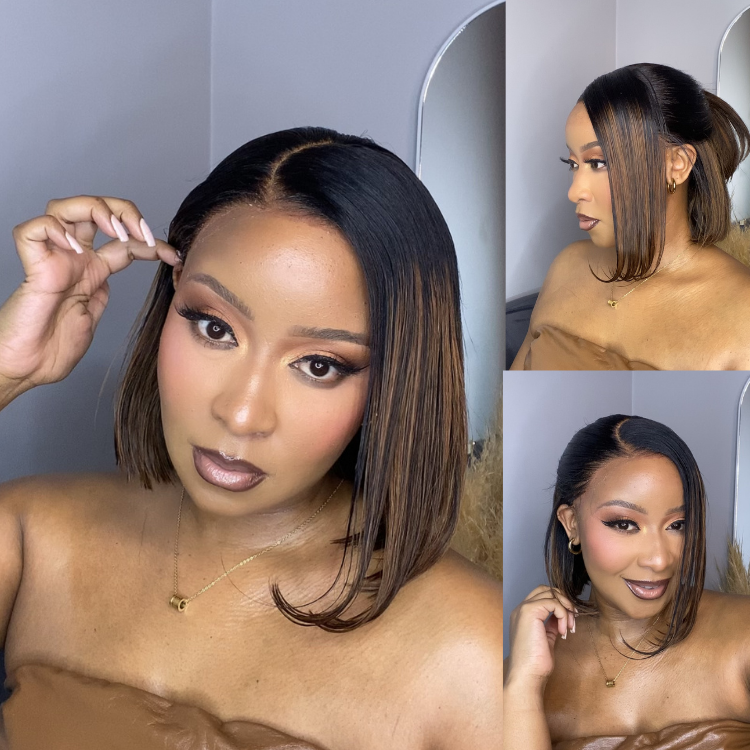 [tobeymbatha]'s Special Link PreMax Wigs | Brown Highlight Silky Blunt Cut Bob Glueless Lace Wig With Pre-Bleached Pre-Plucked Pre-Cut Lace