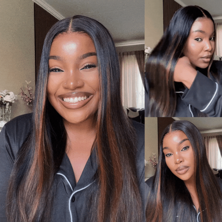 [thandokazii_]'s Special Link PreMax Wigs | Ultra Natural Hairline Brown Highlight & Natural Black Silky Straight Glueless 13x4 Frontal Lace Long Wig Pre-Cut Lace