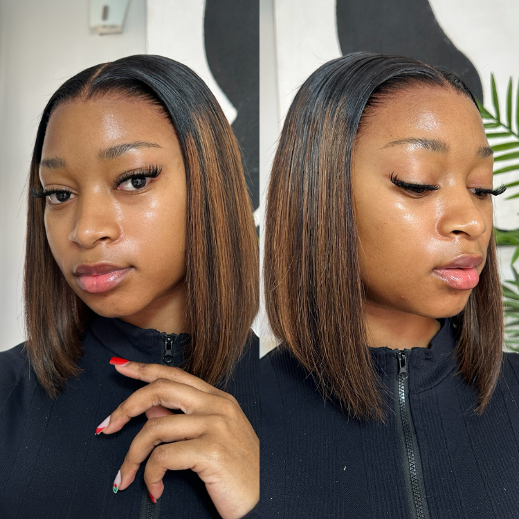 [cynthiamatlaila]'s Special Link PreMax Wigs | Brown Highlight Silky Blunt Cut Bob Glueless Lace Wig With Pre-Bleached Pre-Plucked Pre-Cut Lace