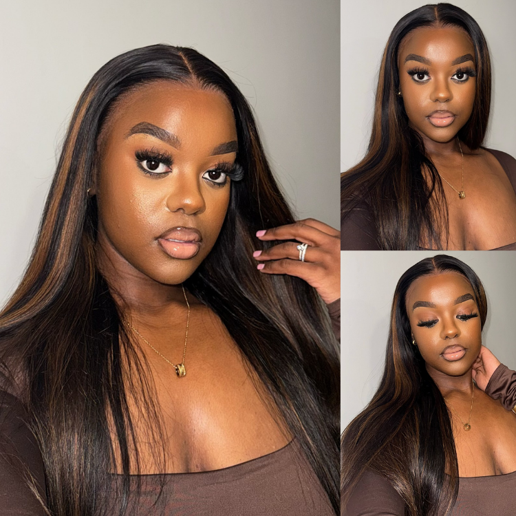 [nottsndelu]'s Special Link PreMax Wigs | Ultra Natural Hairline Brown Highlight & Natural Black Silky Straight Glueless 13x4 Frontal Lace Long Wig Pre-Cut Lace