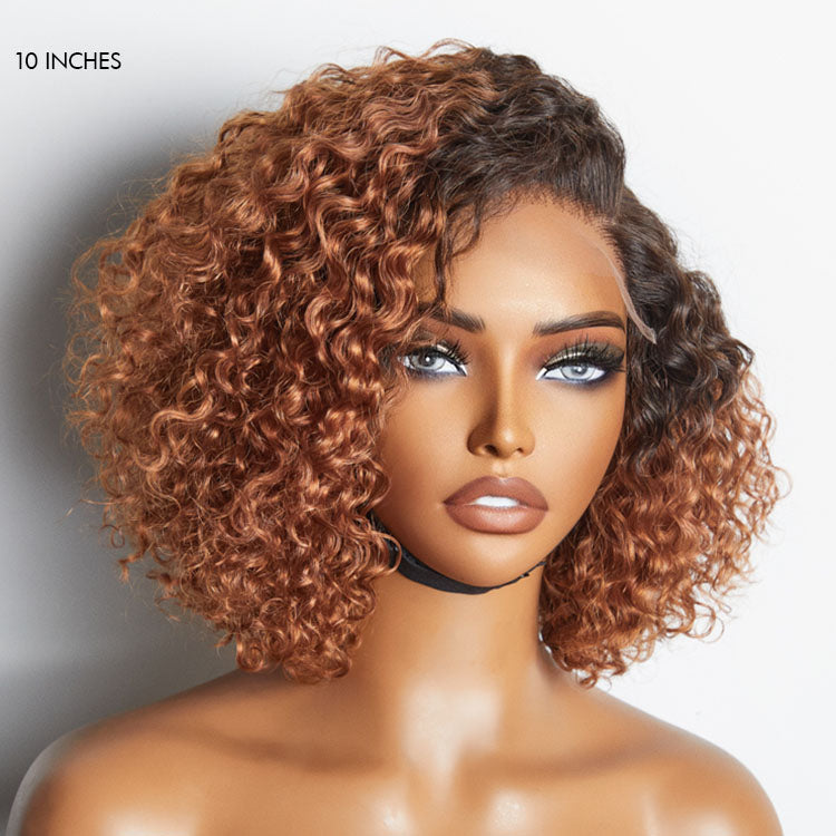 Worth | 10 Inches Ombre Brown Curly Minimalist HD Lace Glueless Side Part Wig 100% Human Hair