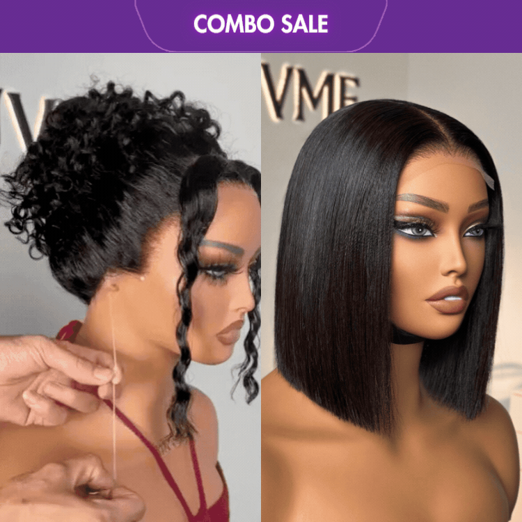 2 For 1 | Glueless 360 Lace Super Natural Hairline Water Wave Free Part Wig+Glueless 4x4 Closure Lace Natural Black Bob Wig