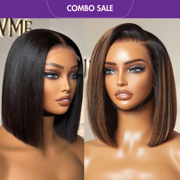 2 For 1 | Natural Black 4x4 Lace Blunt Cut Bob Wig Bone Straight  + Brown Highlight Silky Blunt Cut Bob 13*4 Glueless Lace Wig