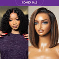 2 For 1 | Natural Black Deep Curl Bob Glueless 4x4 Closure Lace Wig + Brown Highlight Silky Blunt Cut Bob 13*4 Glueless Lace Wig