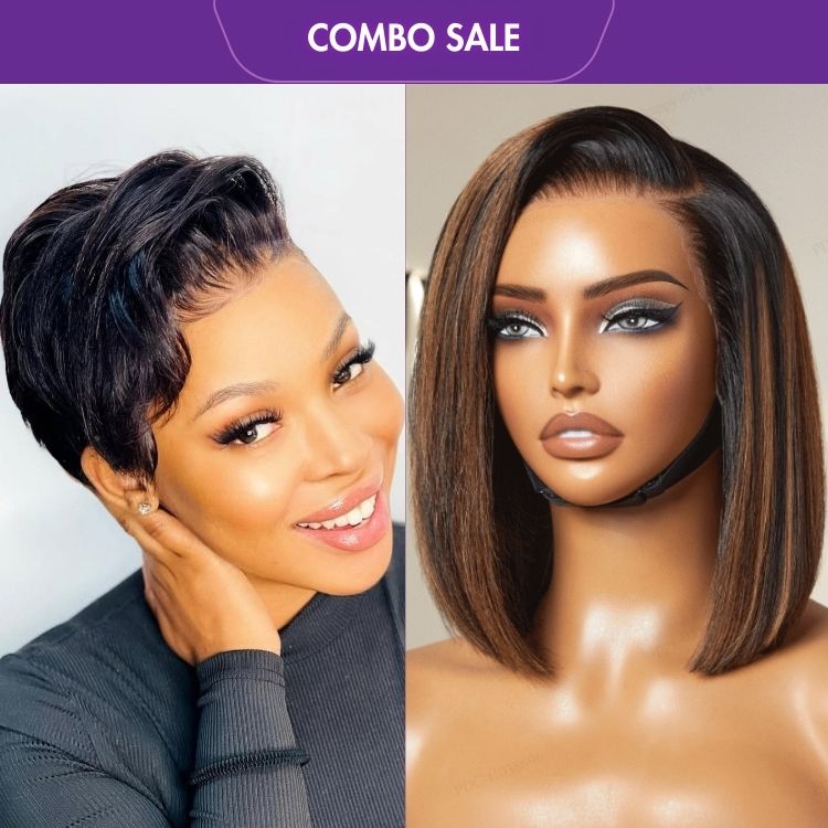 2 For 1 | Super Hot Pixie Cut Glueless HD Lace Wig + Brown Highlight Silky Blunt Cut Bob 13*4 Glueless Lace Wig