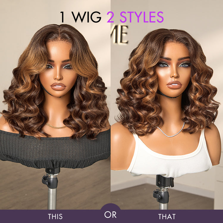 Worth | Elegant Brown Ombre Loose Wave Minimalist HD Lace Glueless Short Wig 100% Human Hair