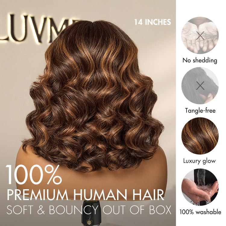 Worth | Elegant Brown Ombre Loose Wave Minimalist HD Lace Glueless Short Wig 100% Human Hair