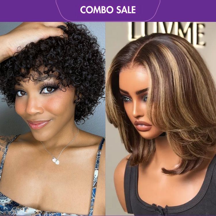 2 For 1 | Ultra Natural Lightweight Bouncy Glueless Wig With Bangs + Blonde Highlight Short Layered Bob Wig Glueless 5x5 Closure Pre-Cut Lace Wig