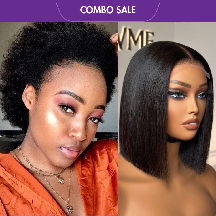 2 For 1 | Natural Afro Glueless Wig + 4x4 Lace Blunt Cut Bob Wig Bone Straight