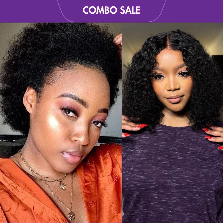 2 For 1 | Natural Afro Glueless Wig + Natural Black Deep Curl Bob Glueless 4x4 Closure Lace Wig