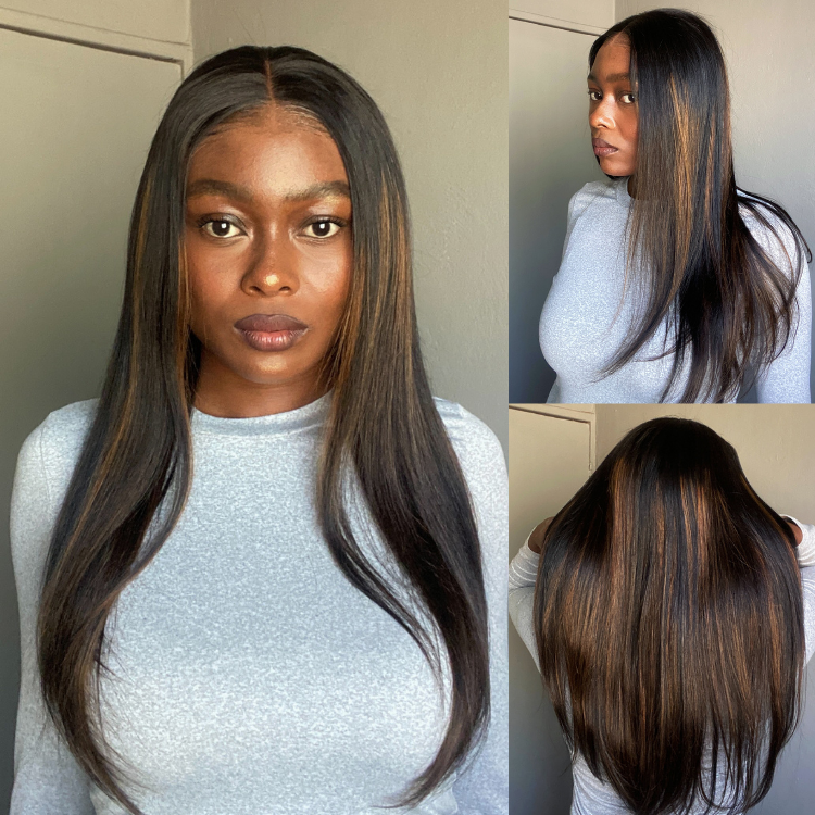 [adeola.mkhari]'s Special Link PreMax Wigs | Ultra Natural Hairline Brown Highlight & Natural Black Silky Straight Glueless 13x4 Frontal Lace Long Wig Pre-Cut Lace