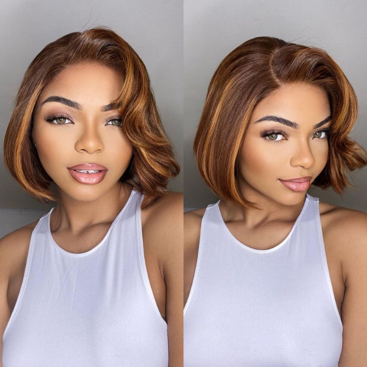 Worth | Toffee Brown Mix Blonde / Natural Black Layered Cut Glueless 5x5 Closure Lace Bob Wig