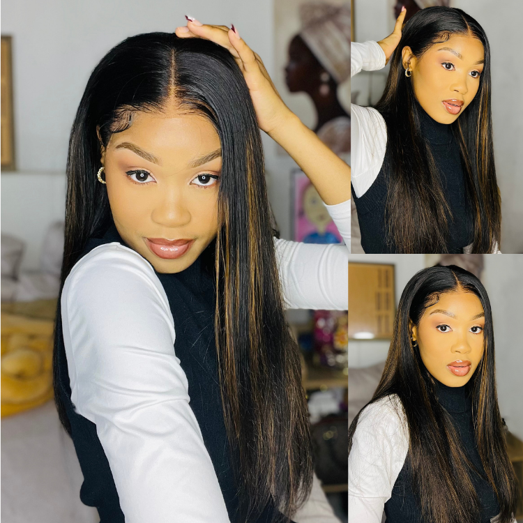 [zoe_mbokazi]'s Special Link PreMax Wigs | Ultra Natural Hairline Brown Highlight & Natural Black Silky Straight Glueless 13x4 Frontal Lace Long Wig Pre-Cut Lace