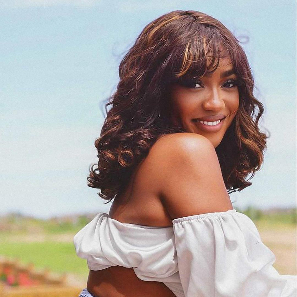 Worth | Throw On & Go Glueless Brown Highlights Wavy No Lace Wig with Bangs