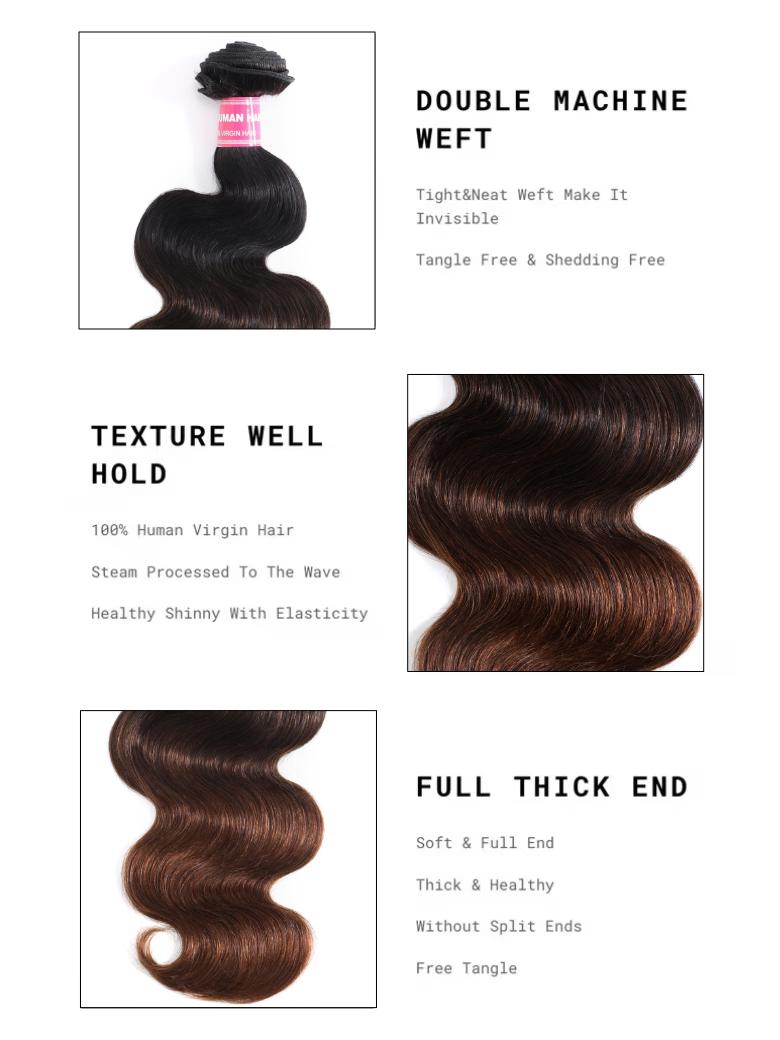 The UNice Chestnut Brown Ombre 3 Pcs Body Wave Human Hair Bundles image highlights DOUBLE MACHINE, WEFT, Tight&Neat Weft Make It, Invisible, the different types of hair.