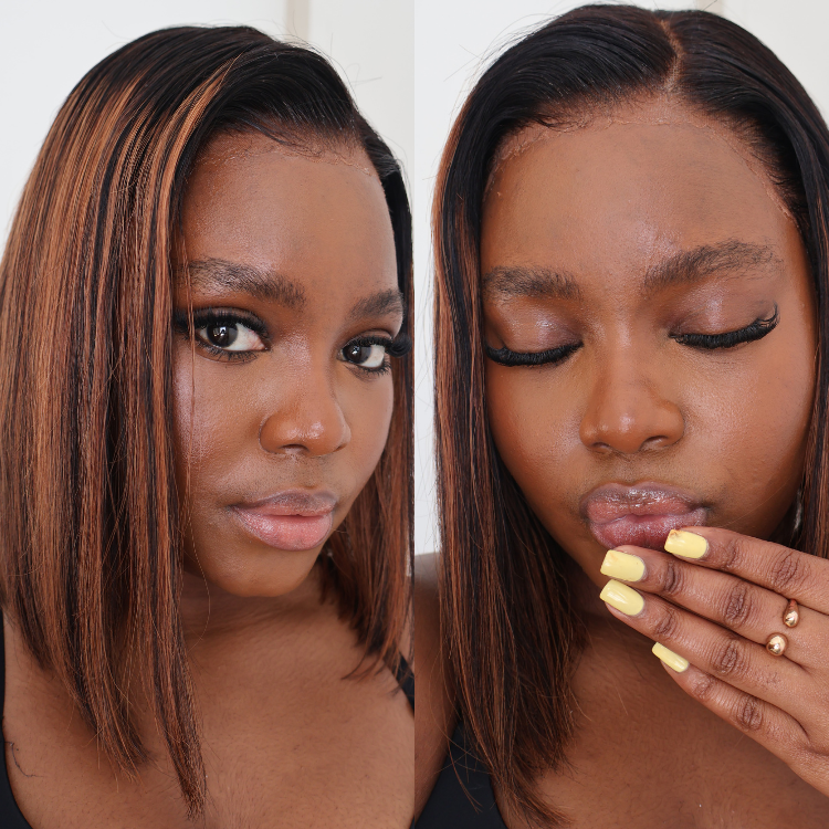 [thushey]'s Special Link PreMax Wigs | Brown Highlight Silky Blunt Cut Bob Glueless Lace Wig With Pre-Bleached Pre-Plucked Pre-Cut Lace