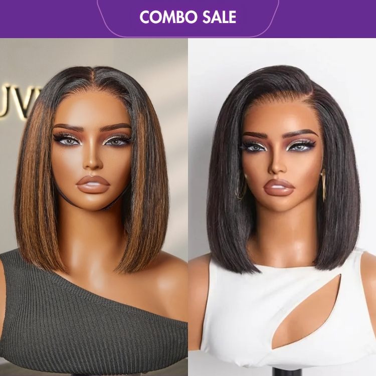 2 For 1 | Brown Highlight Silky Blunt Cut Bob 4*4 Glueless Lace Wig+Silky Blunt Cut Bob Glueless 13x4 HD Lace Front Wig Pre-Cut Lace Flexi-Fit Drawstring Cap